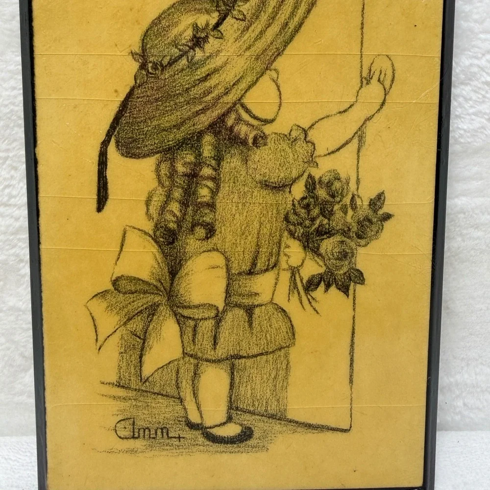 Vintage 1972 Ann Adams Wood Plaque Decoupage Girl in Sun‎ Hat Sketch Wall Art